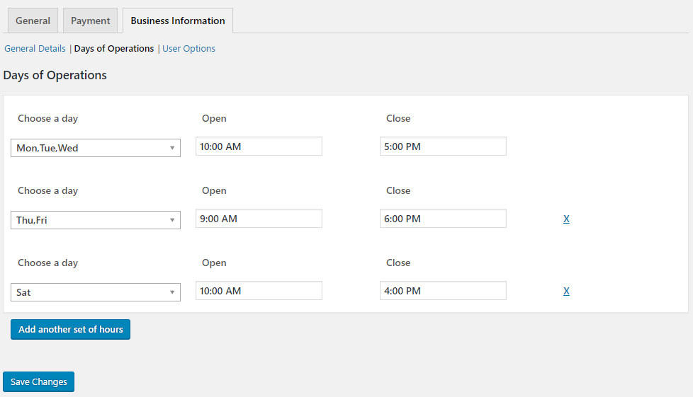 Screenshot of the completed days of operations settings, Mon, Tue, Wed business hours are 10am till 5pm. Thu and Fri are 9am till 6pm, and Sat 10am till 4pm.