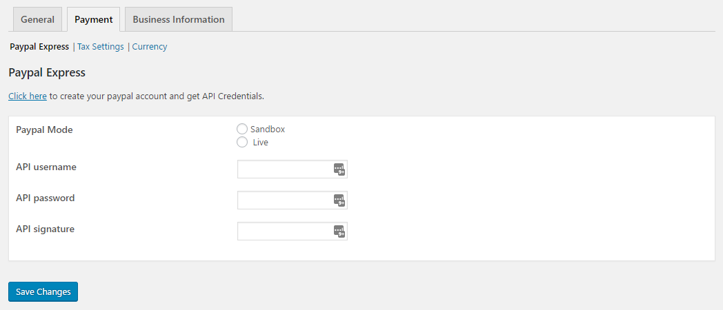 Screenshot of the PayPal Express settings page. Enable/Disable, Live or Sandbox mode, API username, password and signature.